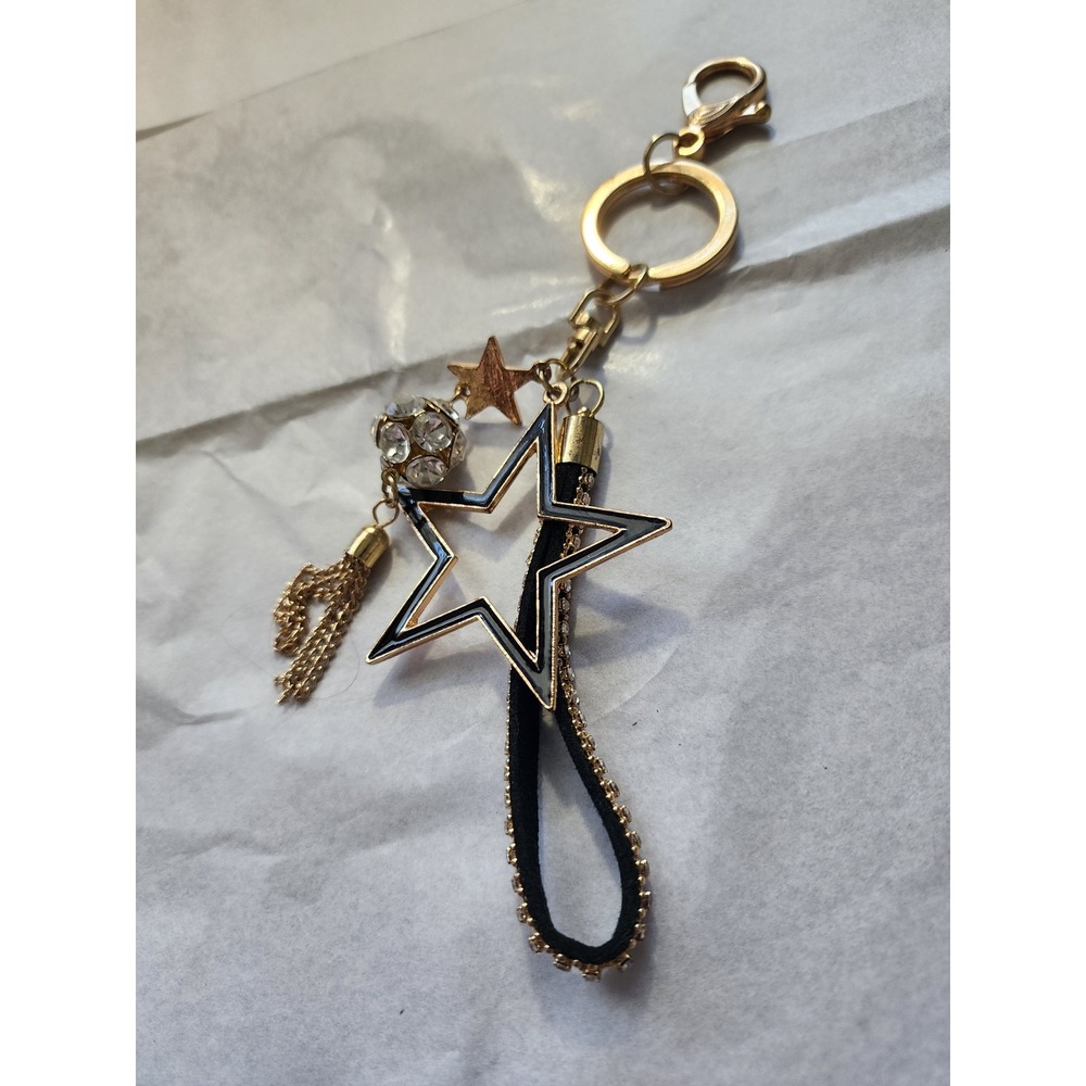 Gold Tone Star Bag Charm Keychain Rhinestone Tassel Celestial Accessory